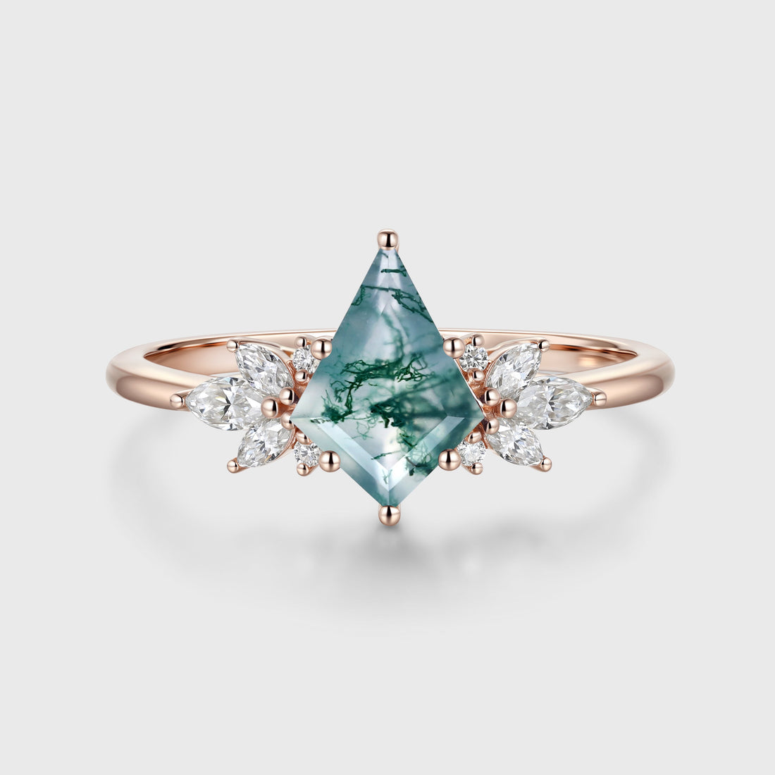 Kite Cut Natural Green Moss Agate Cluster Engagement Ring