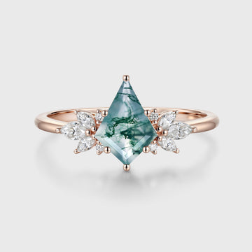 Kite Cut Natural Green Moss Agate Cluster Engagement Ring