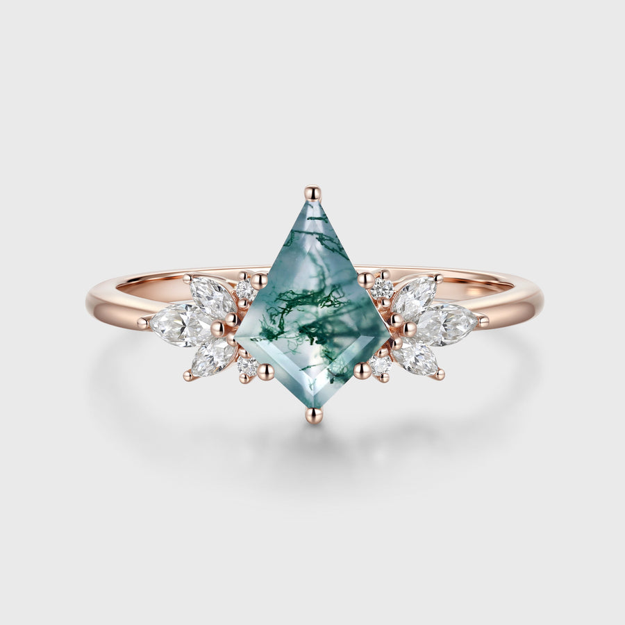 Kite Cut Natural Green Moss Agate Cluster Engagement Ring
