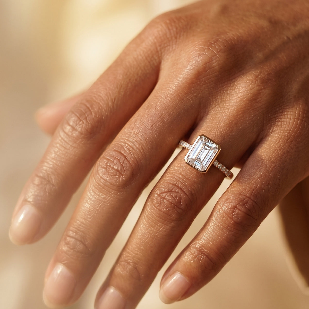1.0CT~5.0CT Bezel setting Emerald cut Lab grown Diamond Half Eternity Sold Gold Engagement Ring