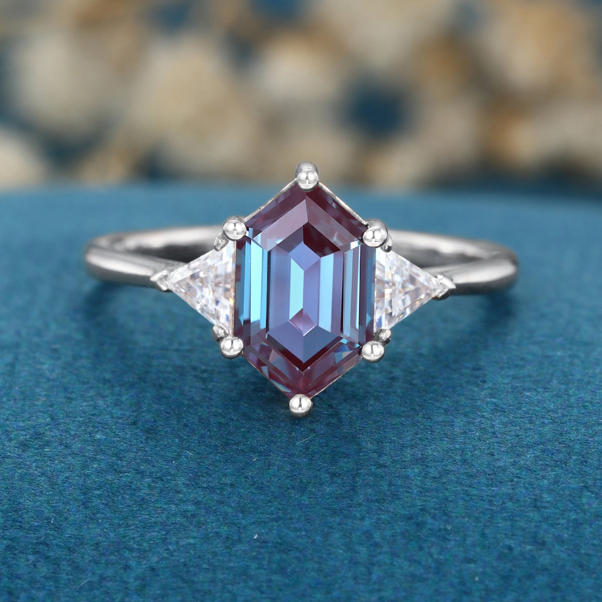 Hexagon cut Lab Alexandrite Solid Gold Engagement Ring
