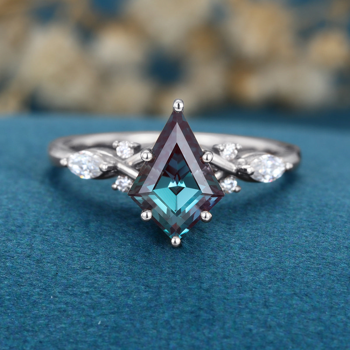Kite cut Lab Alexandrite Solid Gold Engagement Ring