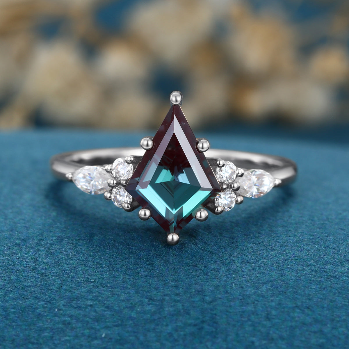 Kite cut Lab Alexandrite Solid Gold Engagement Ring