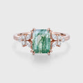 Natural Green Moss Agate Emerald cut cluster Engagement Ring