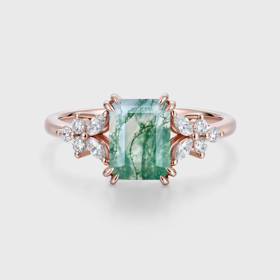Natural Green Moss Agate Emerald cut cluster Engagement Ring