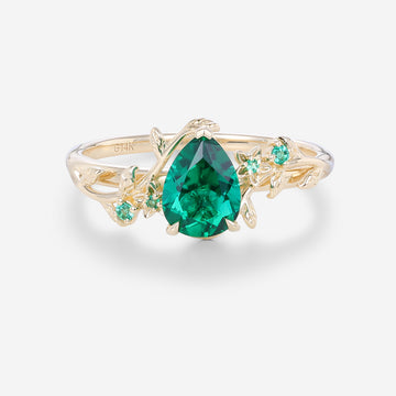 Inspired Pear cut Emerald Solid Gold Engagement Ring