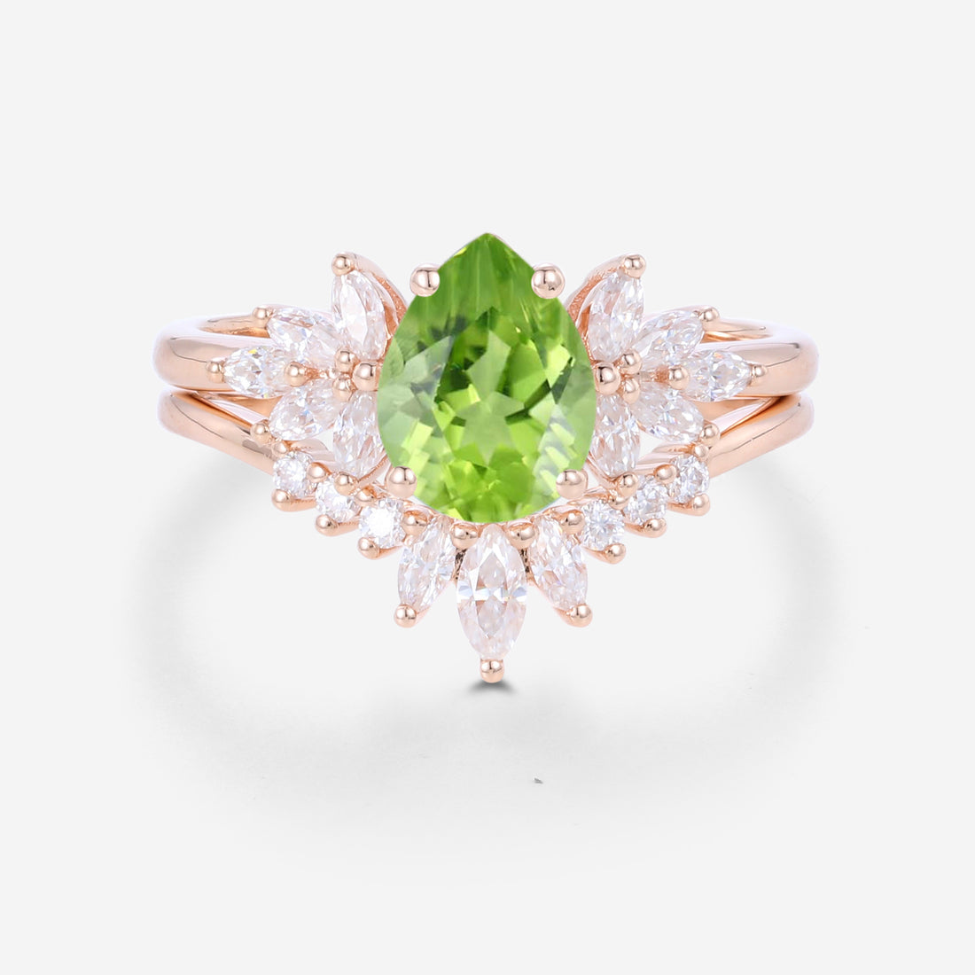 Pear cut Olivine Cluster Engagement ring Bridal Set