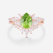 Pear cut Olivine Cluster Engagement ring Bridal Set