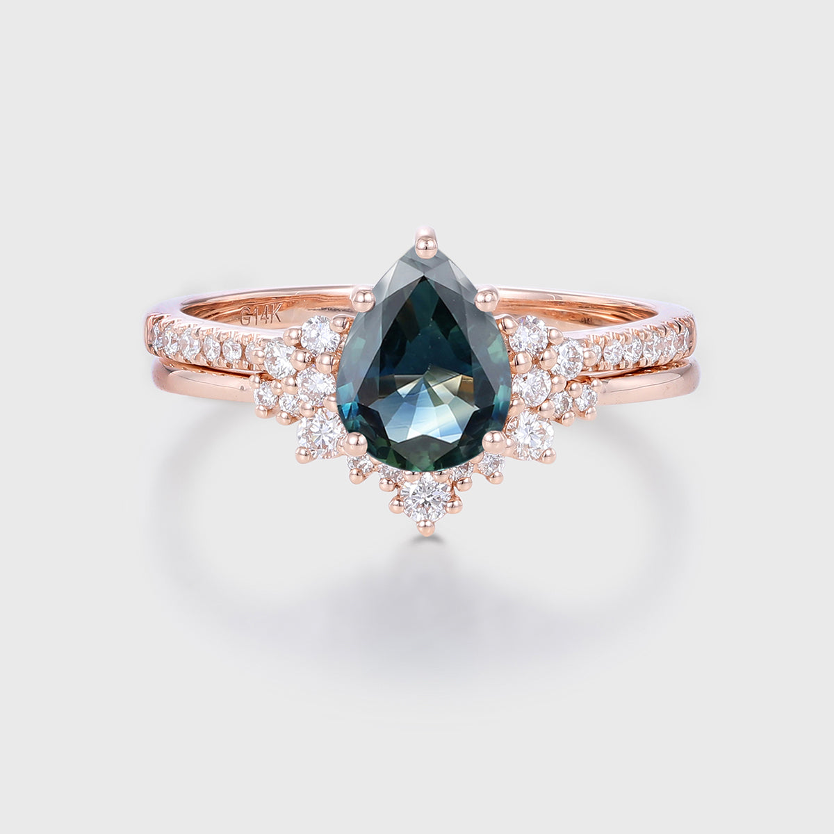 Pear Cut Blue Green Sapphire Matching Mossanite | Diamonds Gold Bridal Set