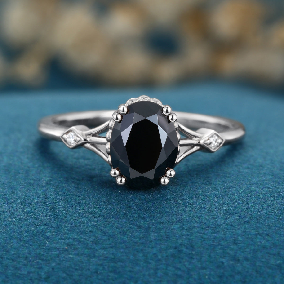 Oval cut Black Onyx Solid Gold Engagement Ring