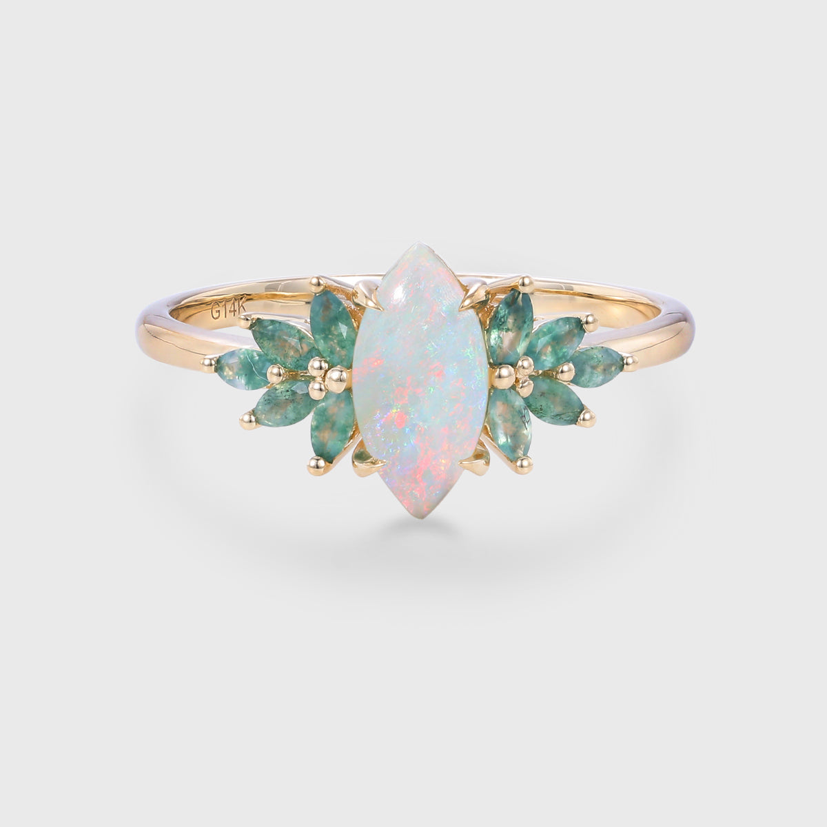 Marquise cut Opal Cluster Moss Agate Engagement Ring