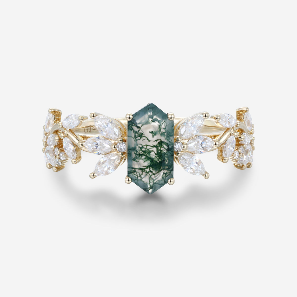 Long Hexagon cut Moss Agate Gold Engagement Ring