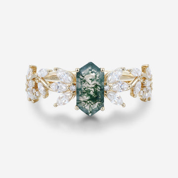 Long Hexagon cut Moss Agate Gold Engagement Ring