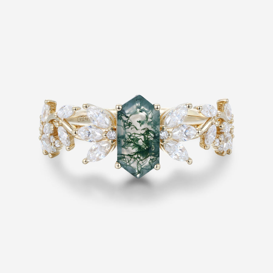 Long Hexagon cut Moss Agate Gold Engagement Ring
