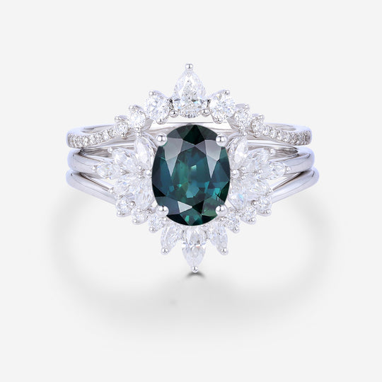 3PCS Oval cut Blue green sapphire Engagement Ring Set