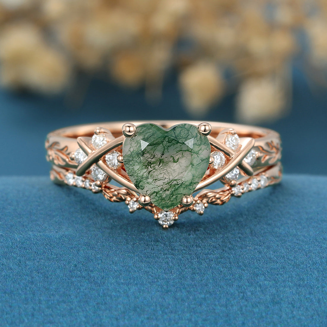 2.0 Carat Heart cut Moss Agate Bridal Set
