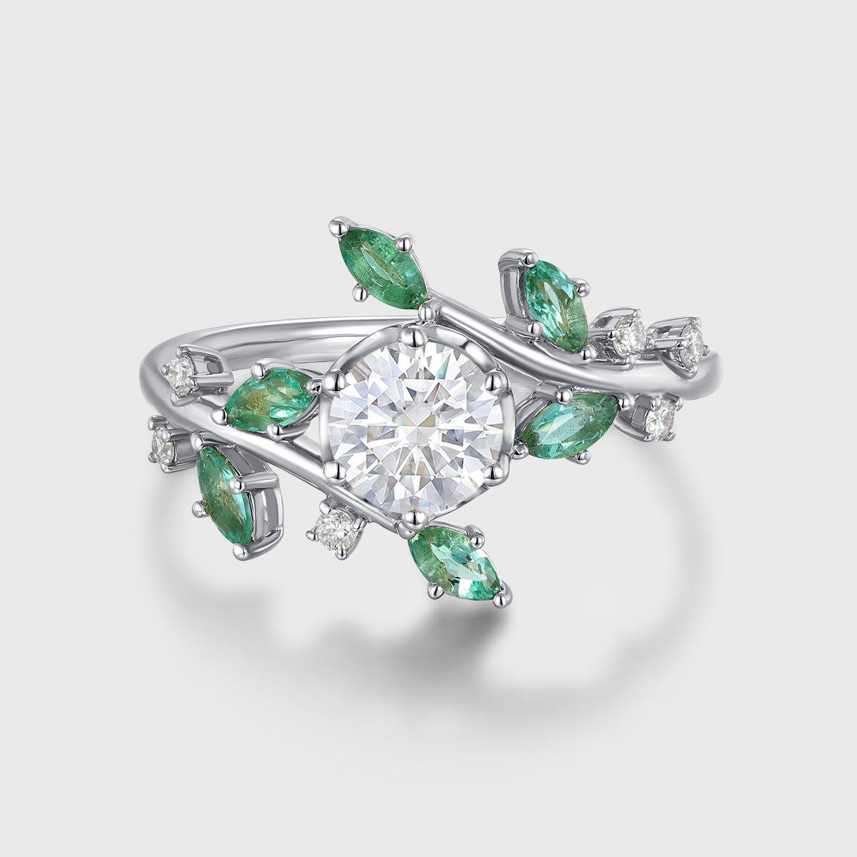 Nature Inspired Round cut Moissanite | Natural Emeralds Gold Engagement Ring