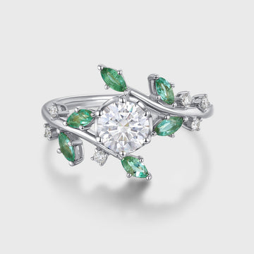 Nature Inspired Round cut Moissanite | Natural Emeralds Gold Engagement Ring