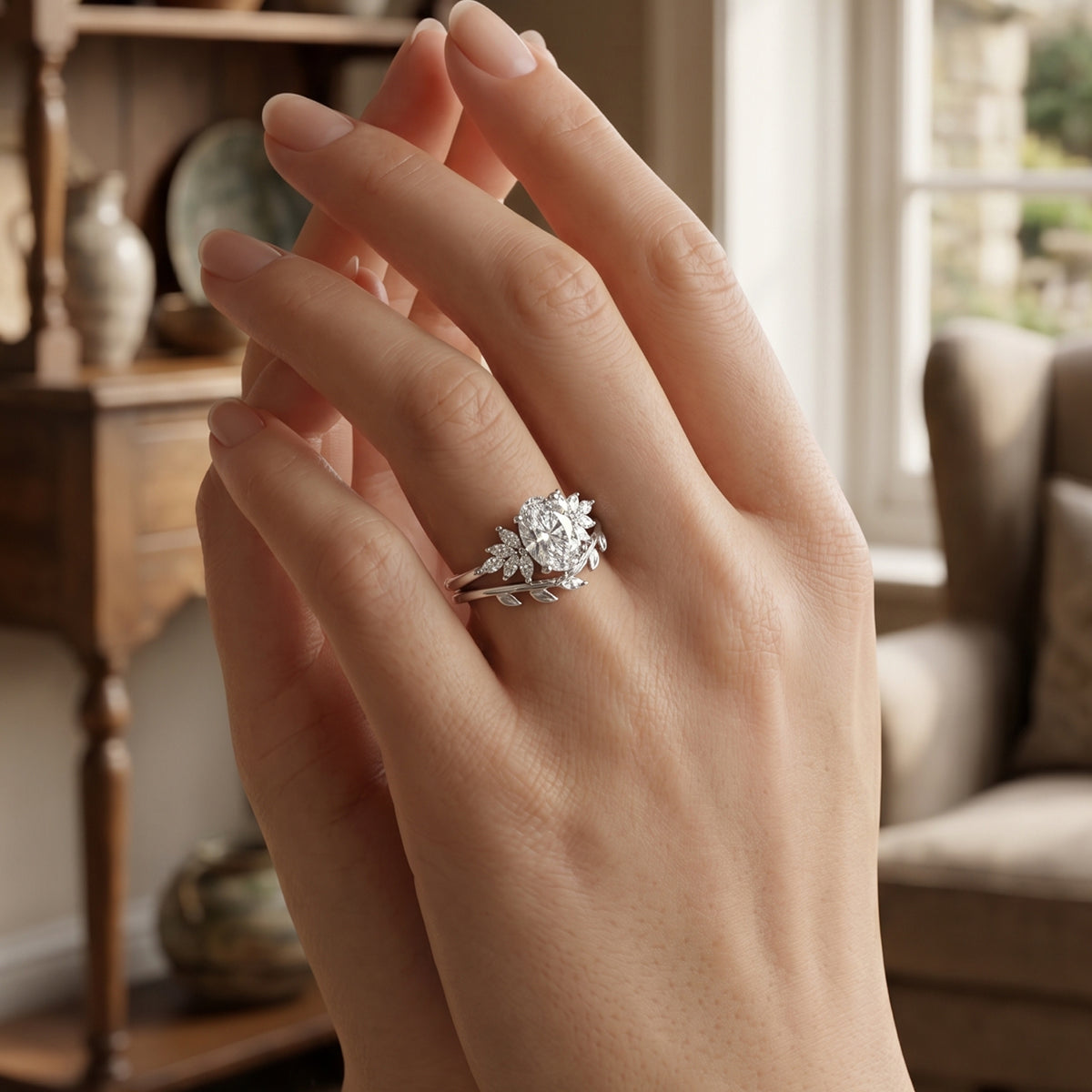 1.0CT~5.0CT Oval cut Lab grown Diamond Cluster Engagement Ring Set