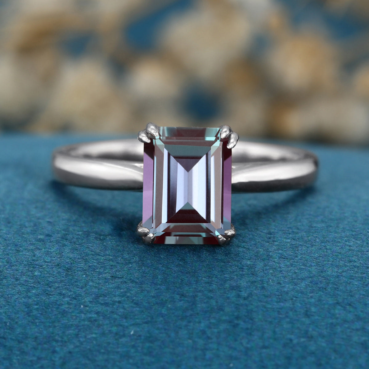 Emerald cut Lab Alexandrite Solid Gold Engagement Ring