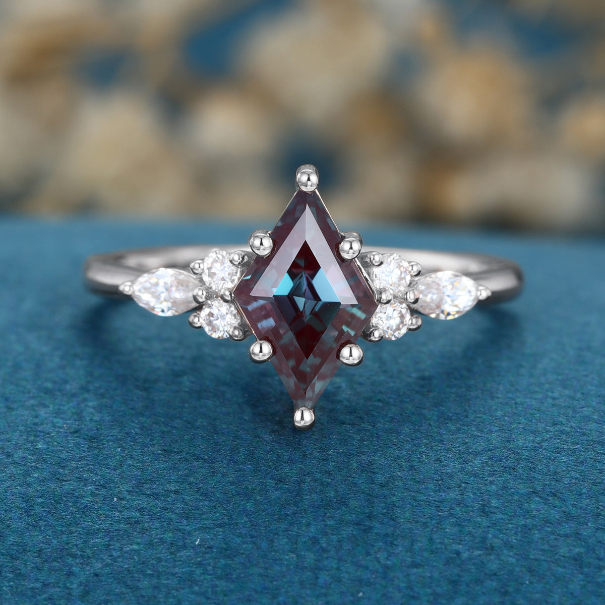 Lozenge cut Lab Alexandrite Solid Gold Engagement Ring