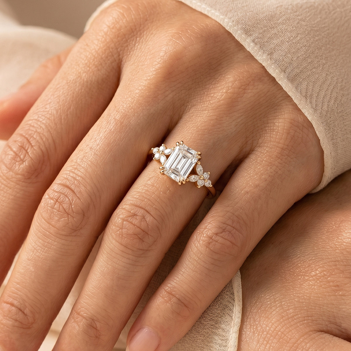 1.0CT~5.0CT Emerald cut Lab grown Diamond Cluster Engagement Ring Set