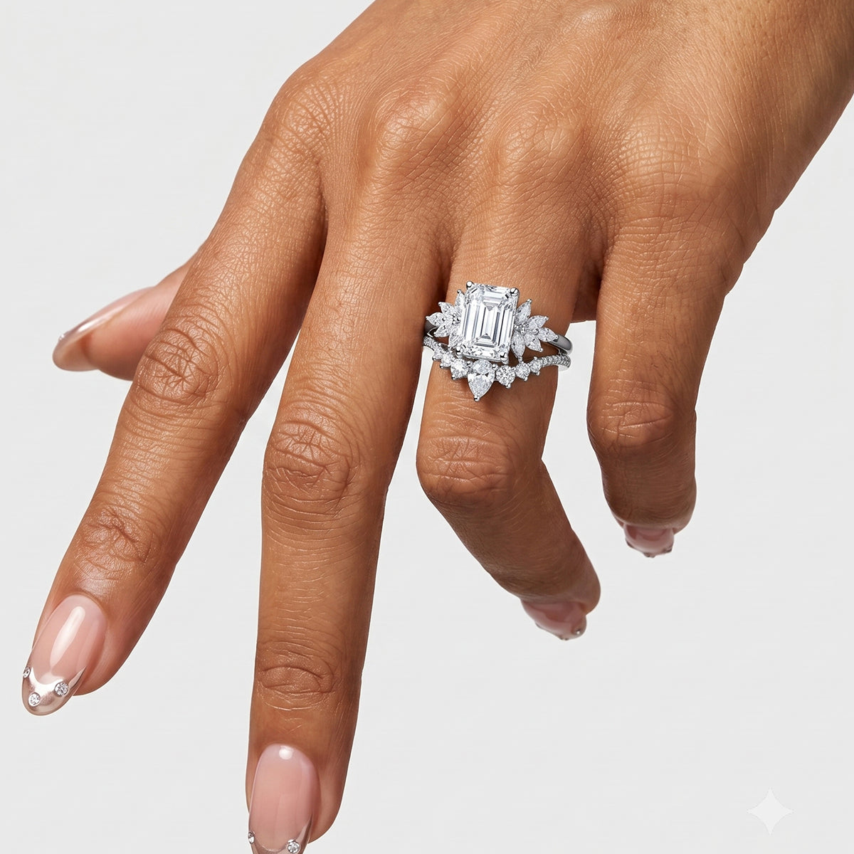 1.0CT~5.0CT Emerald cut Lab grown Diamond Cluster Engagement Ring Set