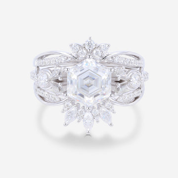 Hexagon Cut Moissanite Cluster Engagement Ring set