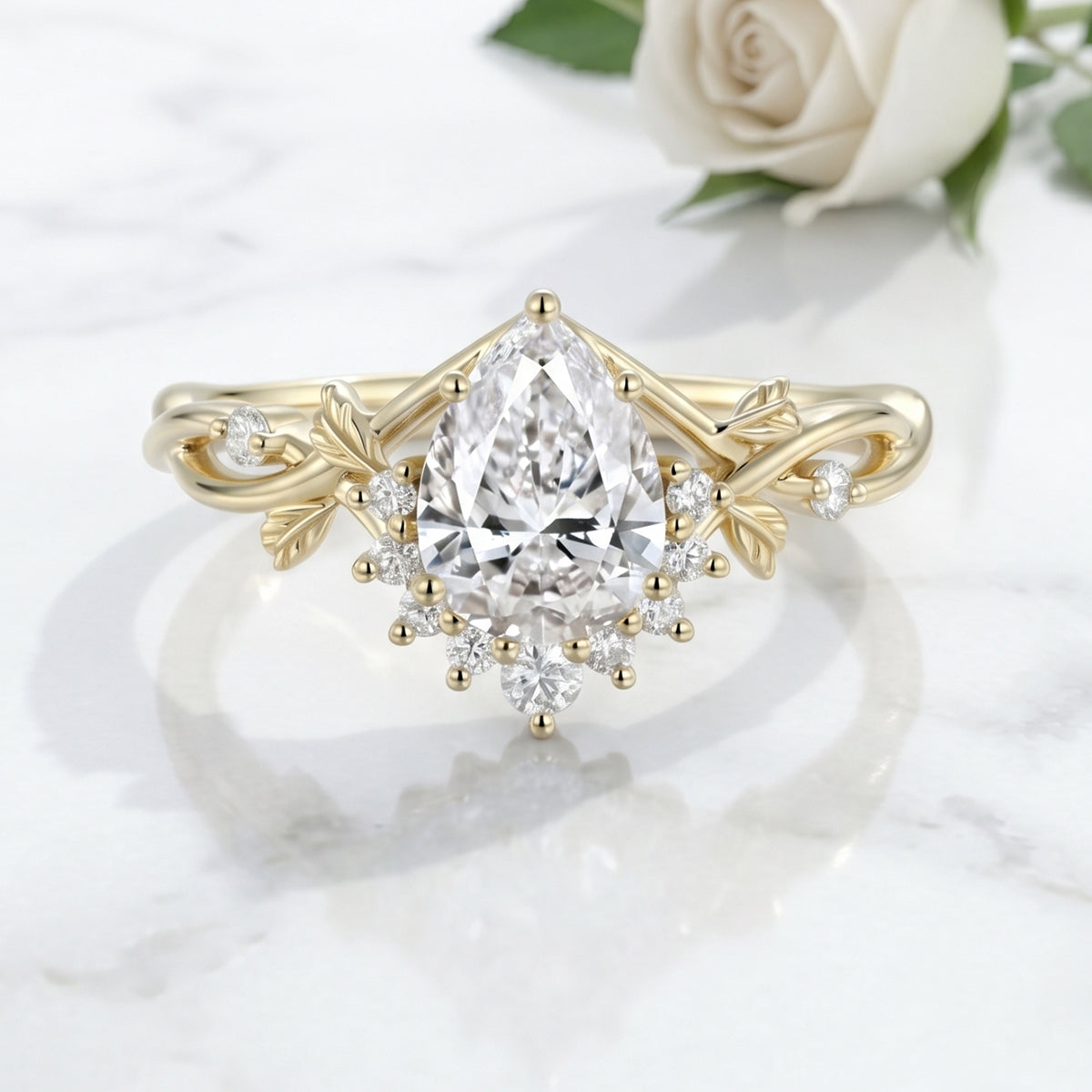 1.0CT~5.0ct  Pear cut Lab grown Diamond Twisted Shank Leaf Engagement Ring