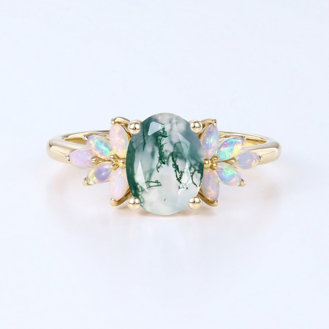 Oval Cut Natural Green Moss Agate Cluster Engagement Ring