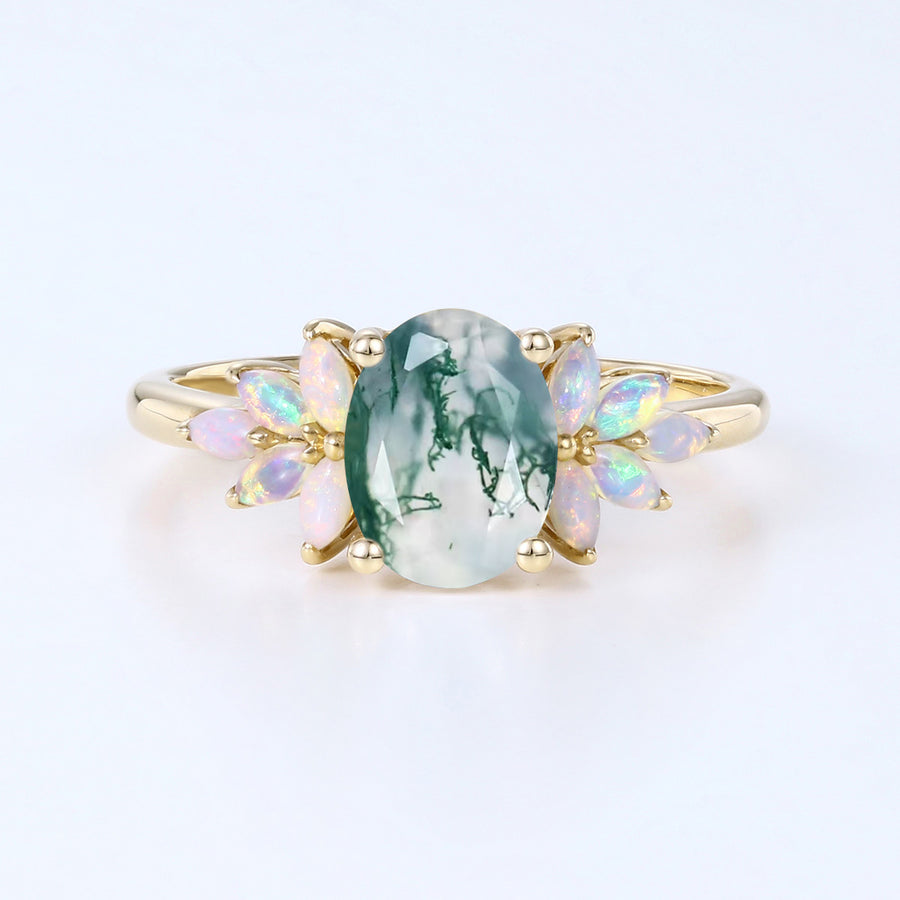 Oval Cut Natural Green Moss Agate Cluster Engagement Ring