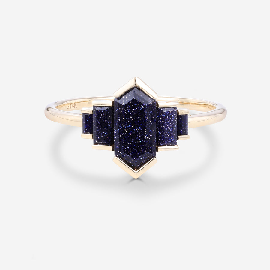 Bezel setting Long Hexagon cut Blue Sandstone Engagement Ring