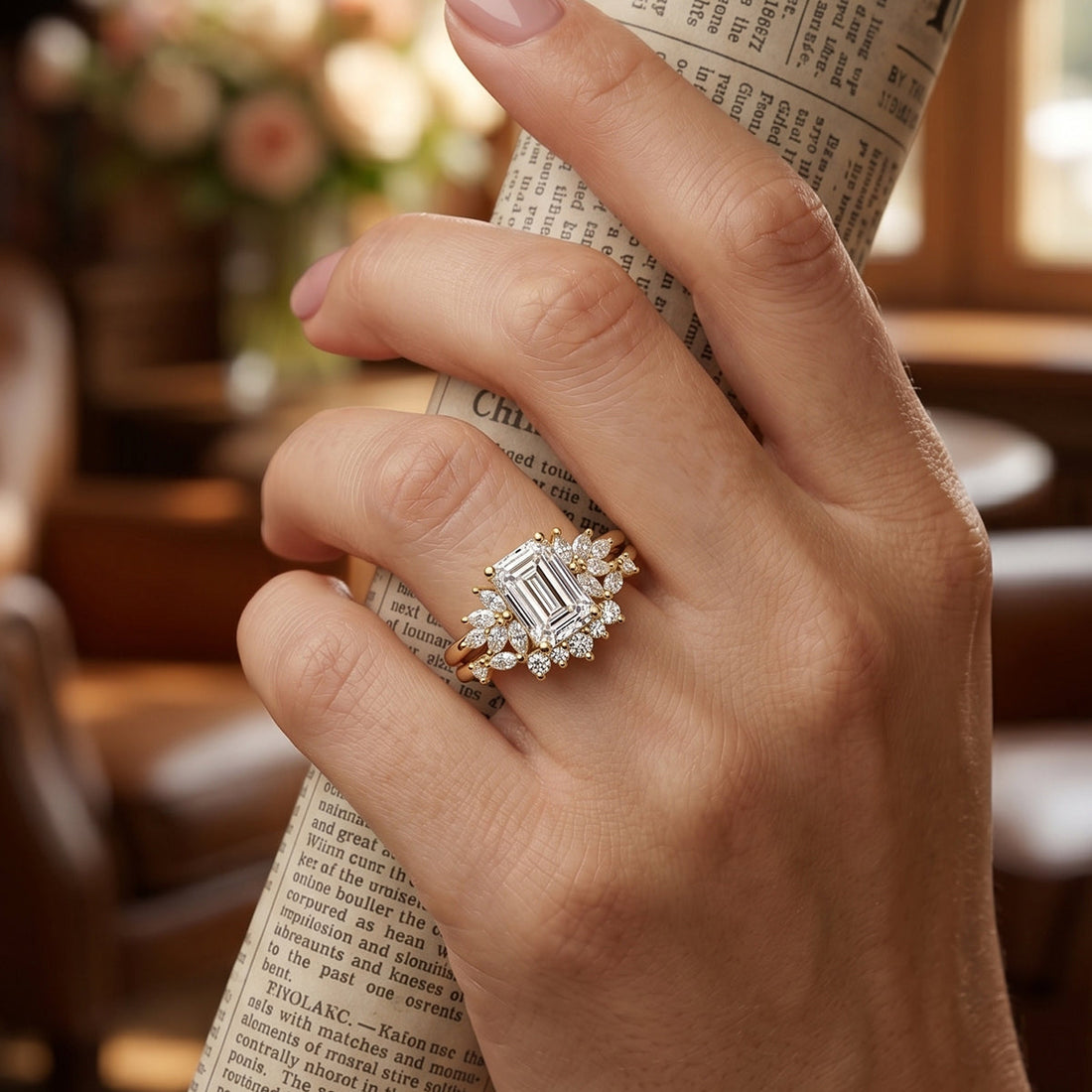 1.0CT~5.0CT Emerald cut Lab grown Diamond Cluster Engagement Ring Set