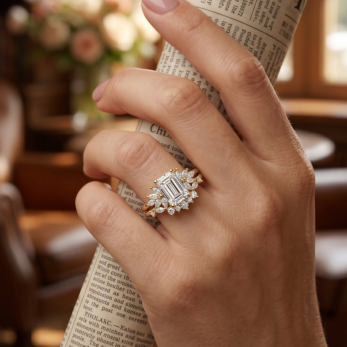1.0CT~5.0CT Emerald cut Lab grown Diamond Cluster Engagement Ring Set