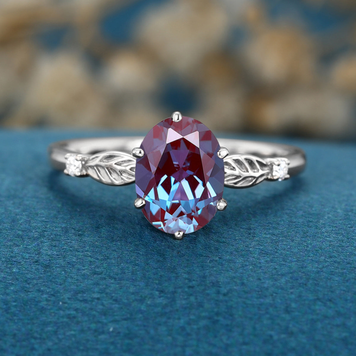 Oval cut Lab Alexandrite Solid Gold Engagement Ring