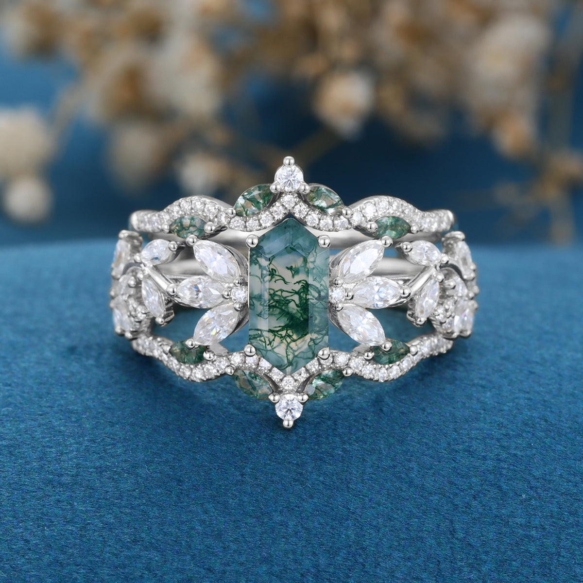 Long Hexagon cut Moss Agate Gold Wedding Bridal Set