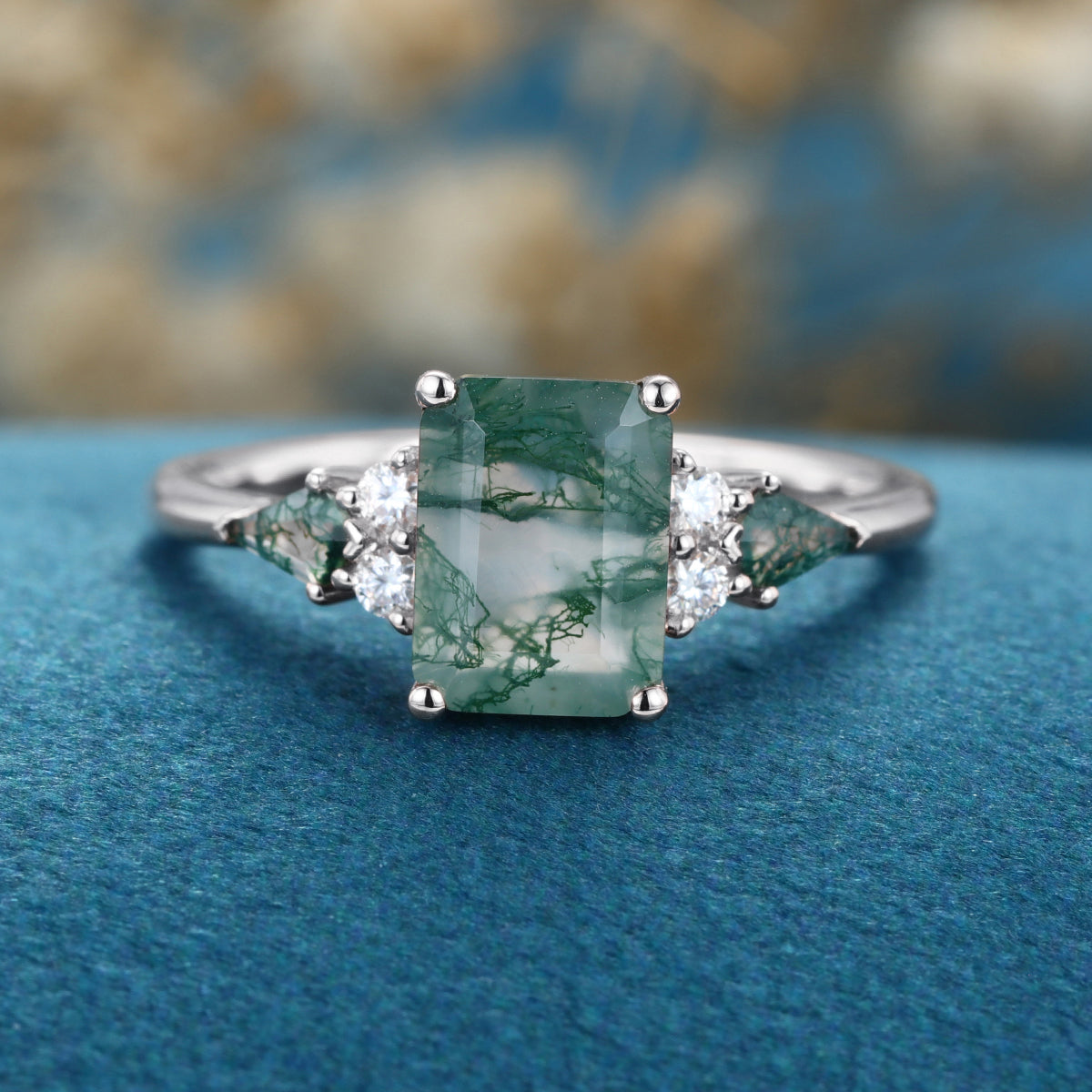Emerald cut Moss Agate Solid Gold Engagement Ring