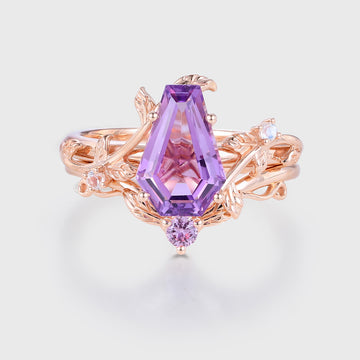 Coffin Cut Amethyst + Natural Pink Sapphire Wedding Bridal Set