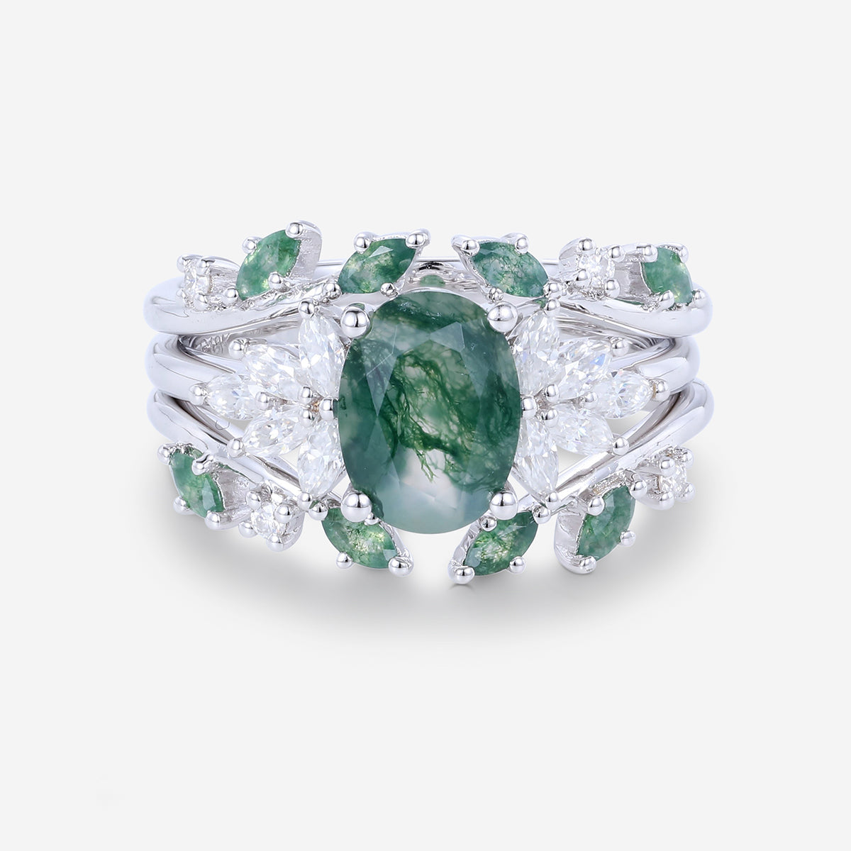 1.5Carat Oval Cut Moss Agate Cluster Engagement ring Bridal Set