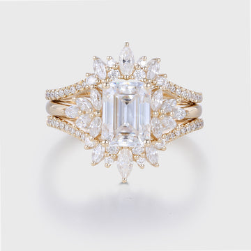 1.7Carat Vintage Emerald cut Moissanite Cluster Engagement Ring Set