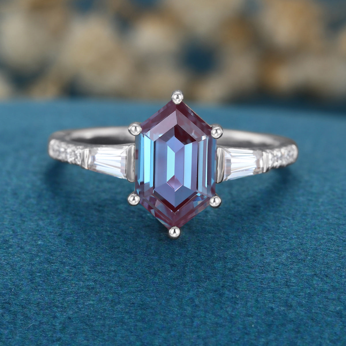 Hexagon cut Lab Alexandrite Solid Gold Engagement Ring