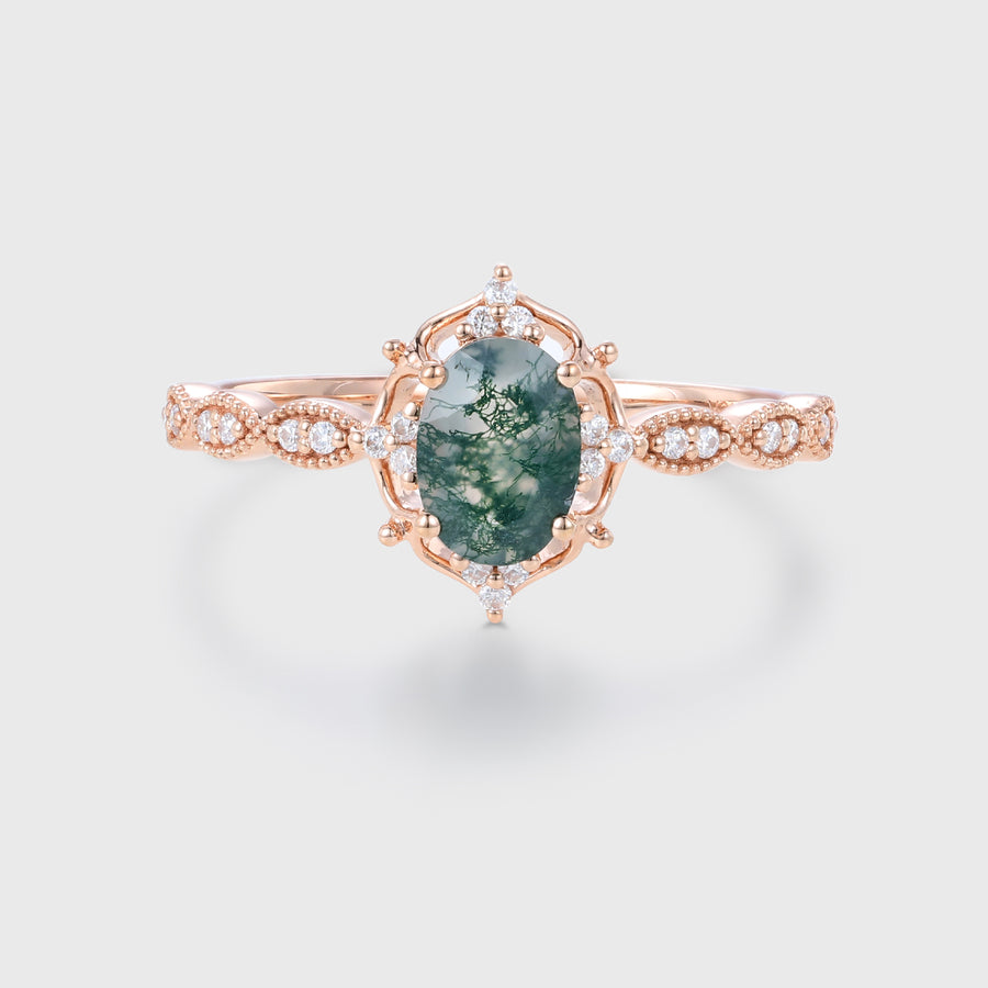 Oval cut Moss Agate Matching Moissanite | Diamonds Gold Engagement Ring