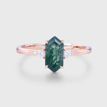 Long Hexagon cut Moss Agate Matching Mossanite | Diamonds Engagement ring