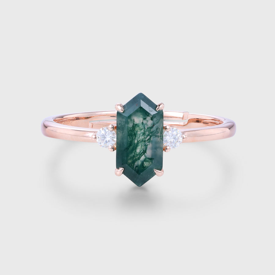 Long Hexagon cut Moss Agate Matching Moissanite | Diamonds Engagement ring