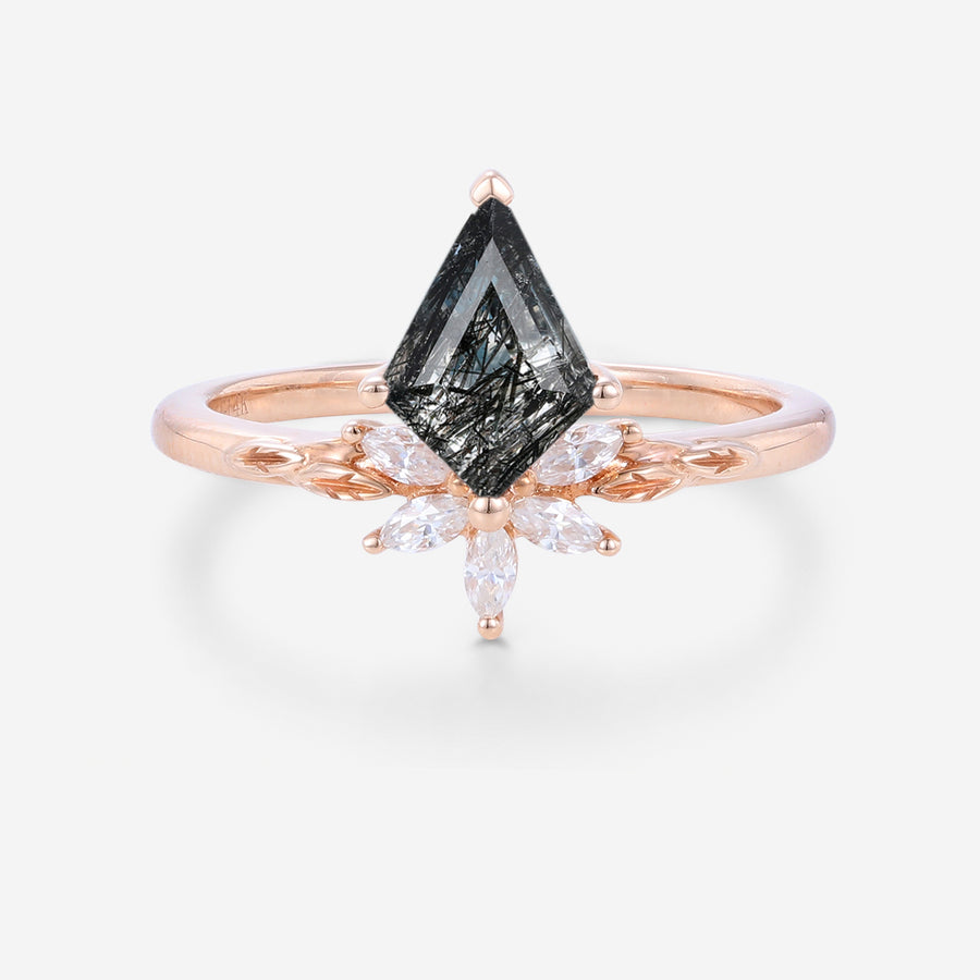 Kite cut Black Quartz Rutilated Engagement Ring