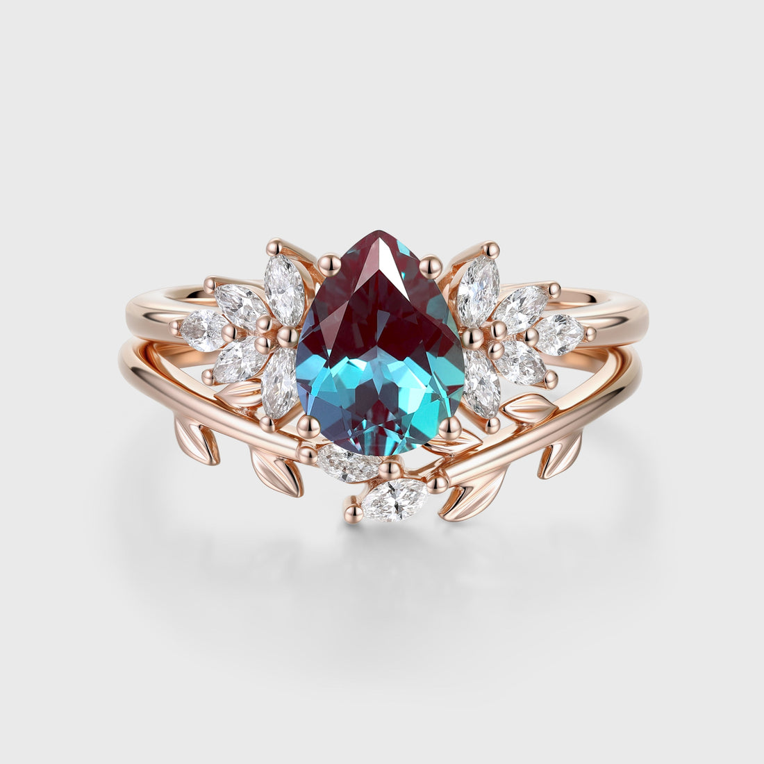Pear cut Lab Alexandrite Engagement ring Bridal Set