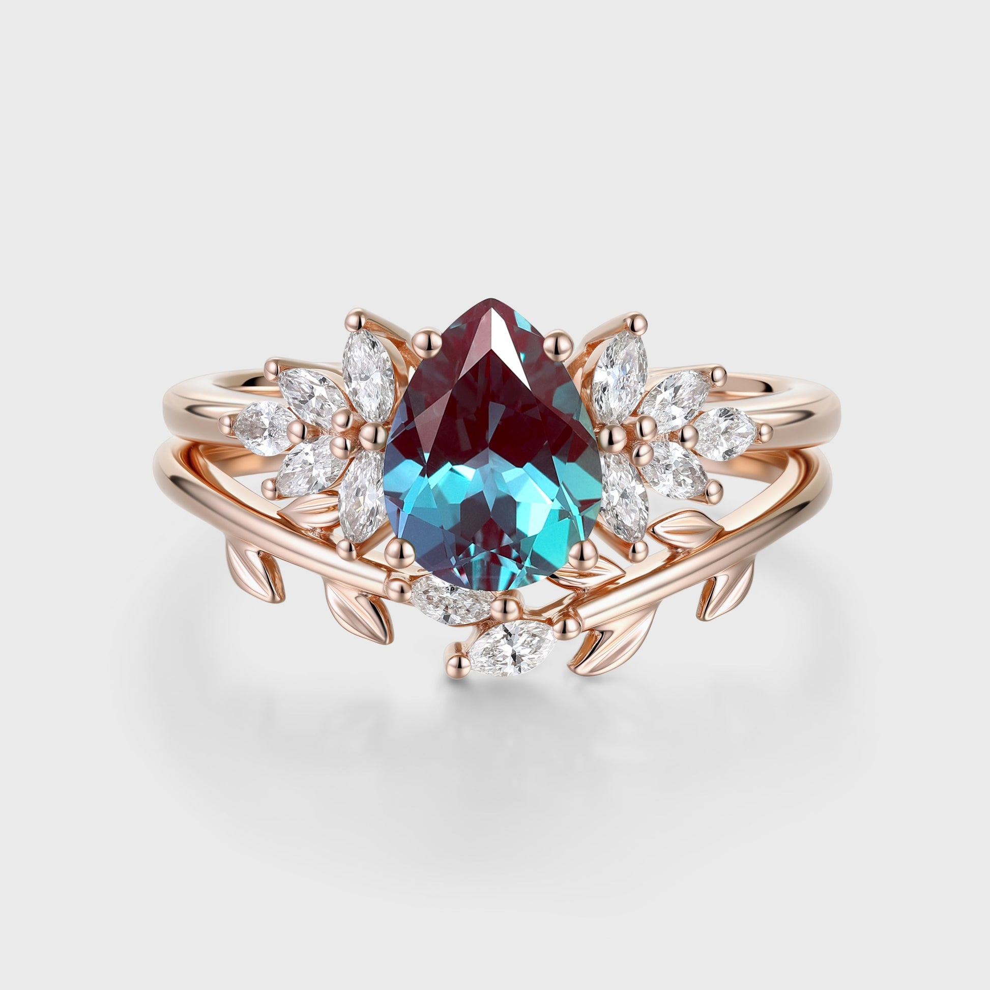 Pear cut Lab Alexandrite Engagement ring Bridal Set