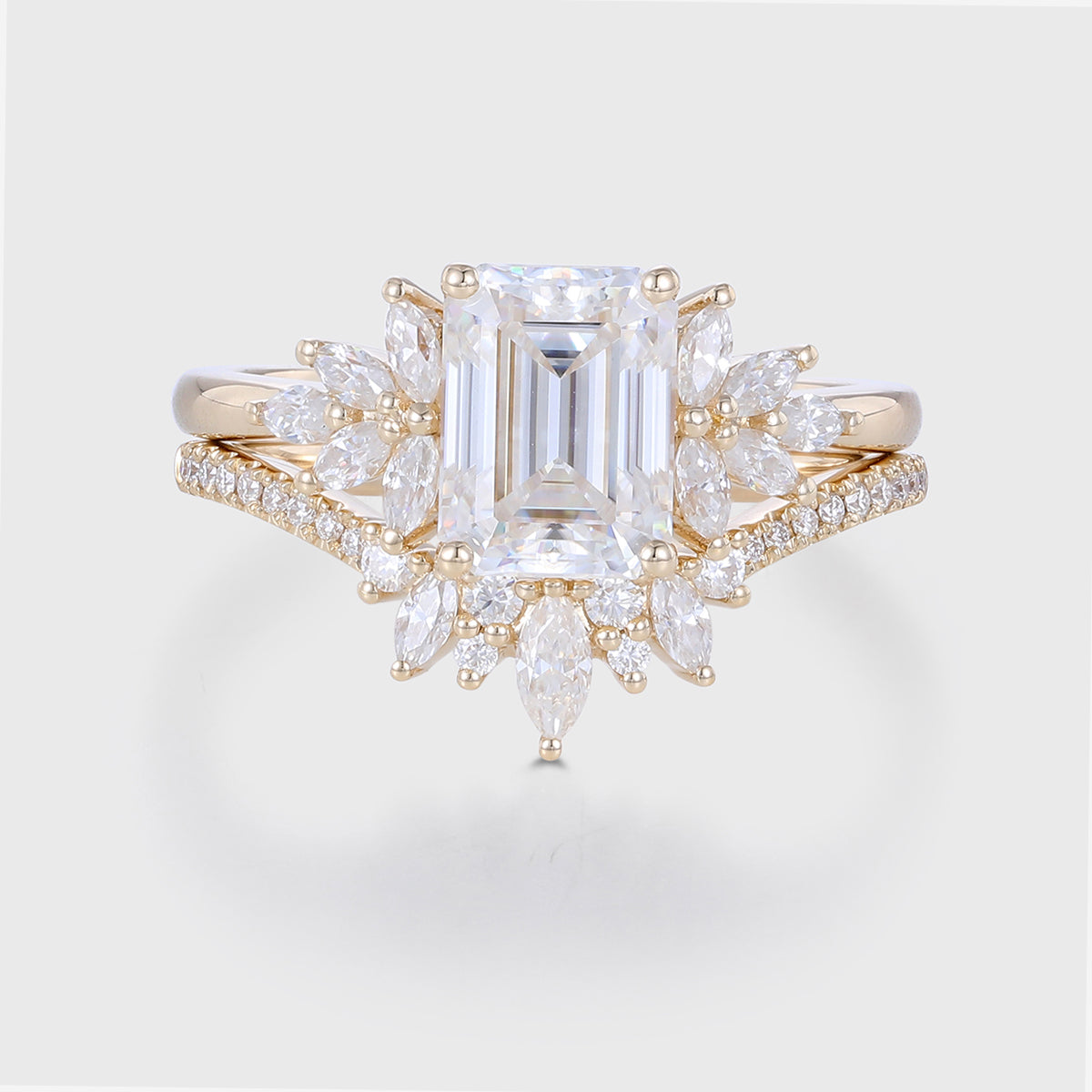 1.7Carat Vintage Emerald cut Moissanite Cluster Engagement Ring Set