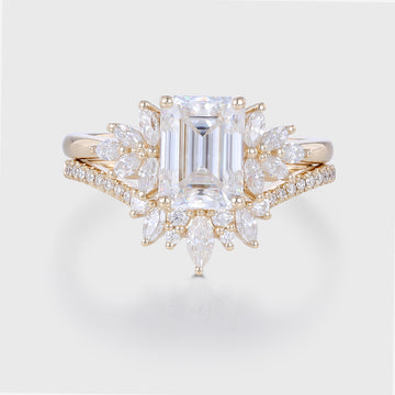 1.7Carat Vintage Emerald cut Moissanite Cluster Engagement Ring Set