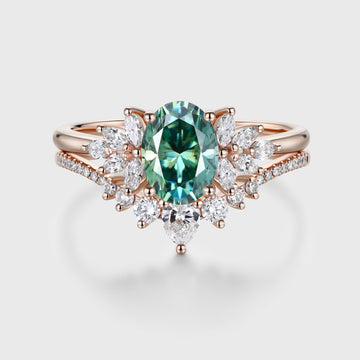 1.5Carat Oval cut Green Moissanite Engagement ring Bridal Set